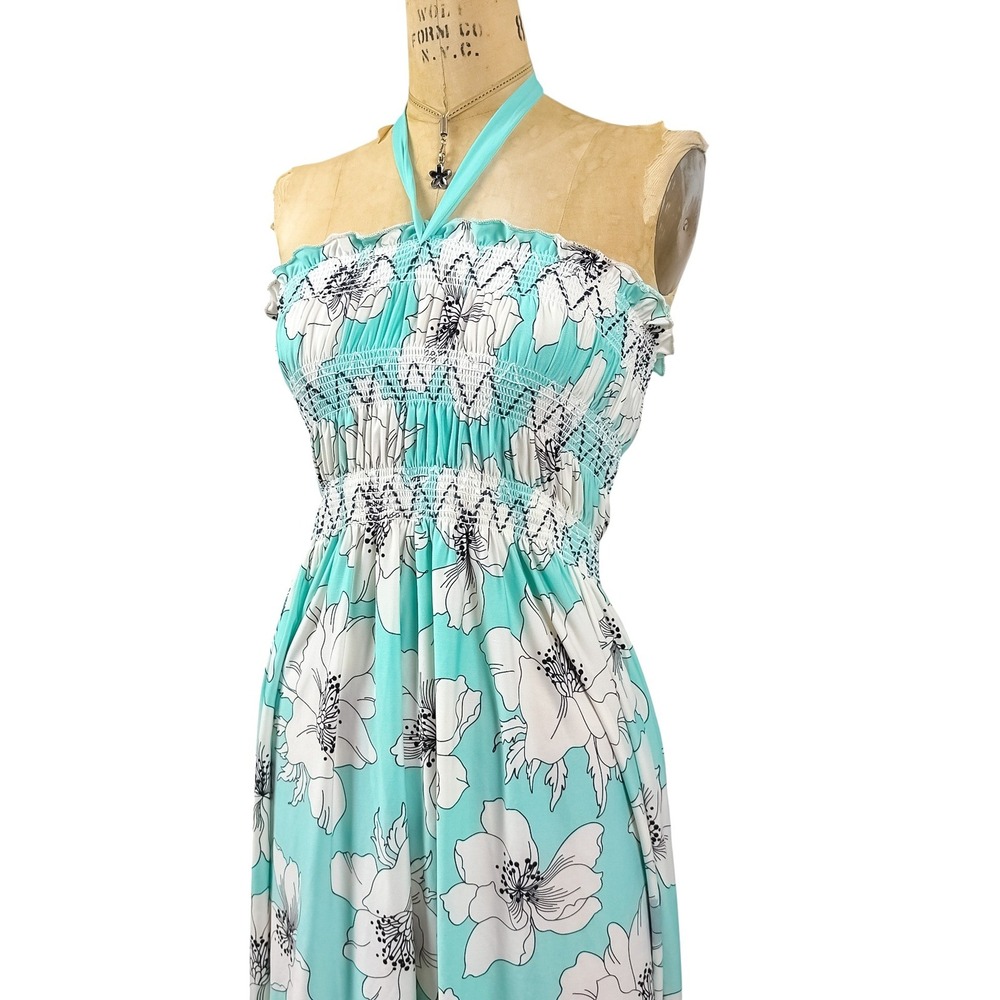 2000s Floral Halter Dress Turquoise Smocked Waist Tropical Beachy Boho Size S - Picture 3 of 8